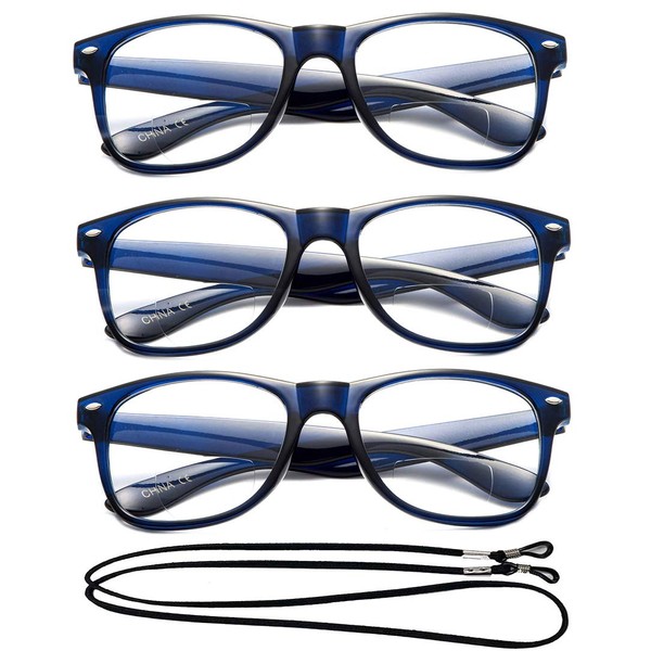 3 Packs Blue Bifocal Reading Glasses Big Frame Reading Glasses