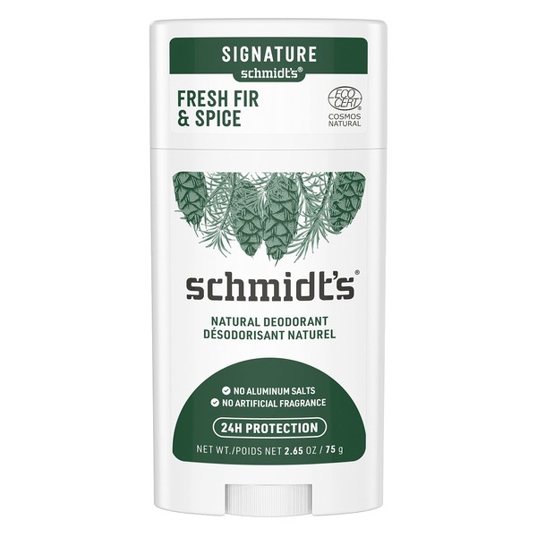 Schmidt's Aluminum Free Natural Deodorant for Women and Men, Fresh Fir and Spice with 24 Hour Odor Protection, Certified Natural, Vegan, Cruelty Free, 2.65 oz
