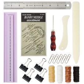 UPTTHOW 19 Pcs Signature Punching Tools for Bookbinding Supplies with an Awl and Cradle, Needle, Waxed Thread, Ruler, Bone Folder, Paper Clip, Plastic Easy Scrapbooking Kits for DIY Crafts, Notebook