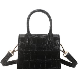 Nodeber Mini Crossbody Bag for Women Girls Synthetic Leather Flap Purse Styling Top-Handle Clutch Handbag Croco Black
