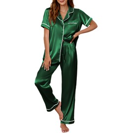 HDLTE 2 Piece Silk Pajamas for Women Set Button Down Lounge Sleepwear Womens Pj Outfits V Neck Nightwear (Green, 2XL)
