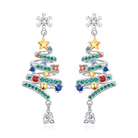 Flyow Christmas Tree Jewellery Set for Women Sterling Silver Snowflake Snowman Drop Earrings - Winter Holidays Christmas Earrings and Necklace Colourful Zirconia Christmas Jewellery Gifts, Sterling
