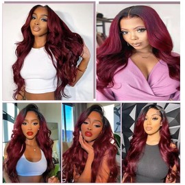Niciitysi Color 1B99j Human Hair Body Wave Bundles 18 20 22 inch Ombre Two Tone Black and Burgundy Bundles Double Weft Brazilian Wine Red Hair Extensions Soft and Silky