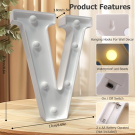 Marquee Letters V, Led Letter Lights, 26 Alphabet Battery Powered LED Light Up Name Sign, Decorative Lighted Standing Letters for Graduation Party Night Light Wedding Birthday Room Bar Wall Decor