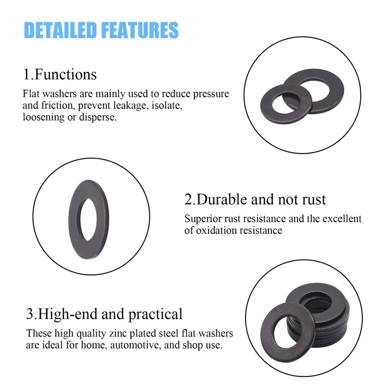 DWISHKEY 820Pieces 7 Sizes Black Zinc Plated Steel Flat Washers