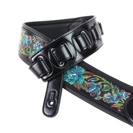 Walker And Williams KB-11 Gloss Black Strap With Carved Cyan Blue Roses On Thick Carving Leather For Acoustic, Electric, And Bass Guitars