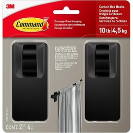 Command 10 lb Matte Black Curtain Rod Hooks, 2 Hooks and 4 Command Strips, Damage Free Curtain Hooks for Hanging Curtain Rods with Adhesive Strips, No Drilling Home Decor and Room Decor