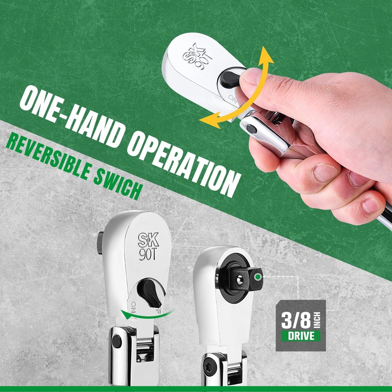 SK 3/8" Drive Flex Head Ratchet Handle, 90-Tooth Ratchet,Premium CR-V