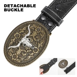 SANSTHS Western Cowboy Belt Men Bull Buckle Belt Women Western Floral Engraved Leather Belt for Jeans, Black/Silver Bull