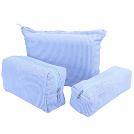 WYYFXY® Pack of 3 Cosmetic Bag Cord Make Up Bag Cord Cosmetic Case Women's Corduroy Makeup Bag Cosmetic Bag Corduroy Beauty Bag Travel with Metal Zip (Blue)