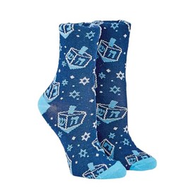 Rite Lite Hanukkah Socks | Adult Crew Sock Fits Shoe Size 8-12 Blue Menorah & Star of David Metallic Chanukah Cozy Socks Jewish Holiday Party Favors Accessories Decorations Gifts (Menorah Stars)