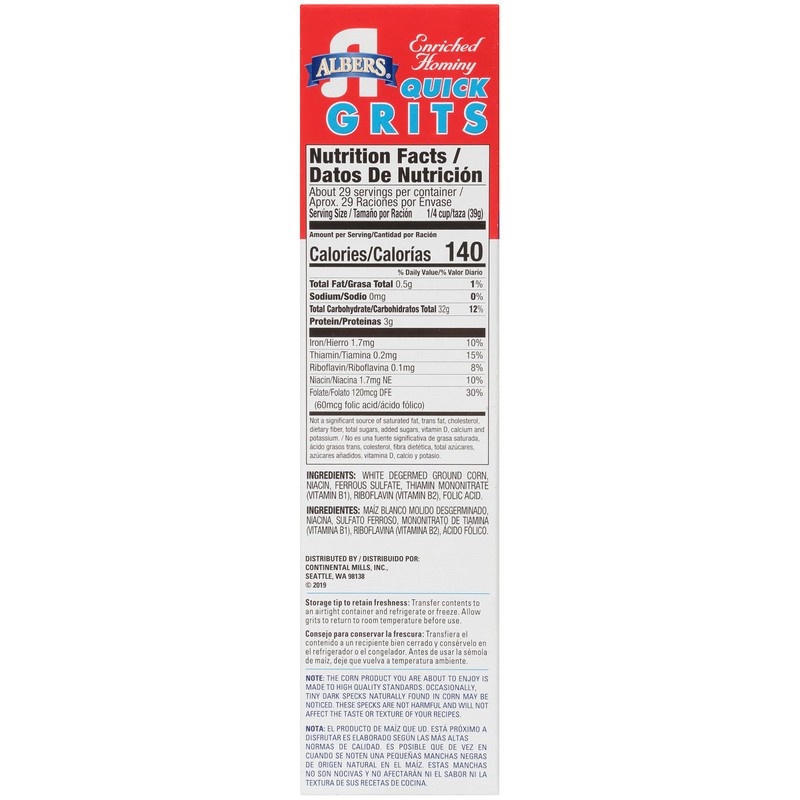 Albers Enriched Hominy Quick Grits, Naturally Low in Fat, 40