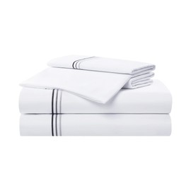 Aston & Arden Sateen Sheet Set - 100% Cotton 600 Thread Count Luxurious Hotel Silky Sheets, Pristine White with Fine Baratta Embroidered 3-Striped Hem, Wrinkle Resistant, Queen, Onyx Black