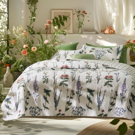 Bedsure Floral White Quilt Set - King Size Reversible Quilt Bedding Set, 3 Pieces Lightweight Bedspread, Soft Botanical Bed Coverlet with 2 Pillow Shams for All Seasons (106"x96")