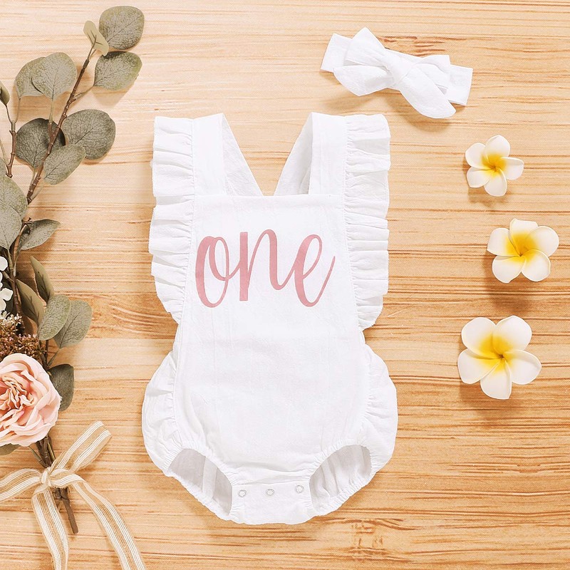 Shalofer Traje de primer cumpleaños para niña con diadema, White,