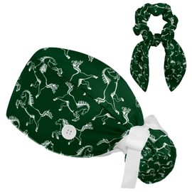 Working Hats with Buttons & Ribbon Ties for Women, Horse Green Surgery Scrub Cap Long Hair, Nurse Bouffant Caps