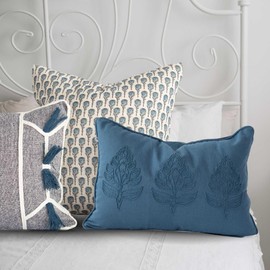 Eloise Embroidered Vintage Pillow Cover 12x18 – 100% Cotton & Linen Designer Throw Pillow Cover – Luxury Decorative Accent for Sofa, Couch, Bed & Modern Coastal Grandmillennial Home Décor (Blue)