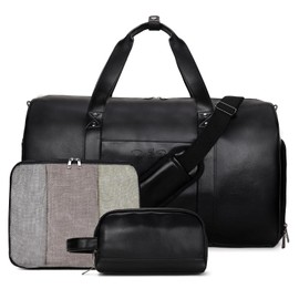 Double Bus Weekender Bag for Women Men, Large Overnight Bag Faux Leather Travel Duffel Bag with Shoe Compartment Toiletry Packing Cube Carry On Bag Fit 21" Laptop 3Pcs Set (Black)