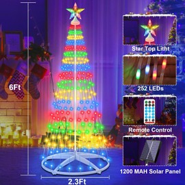 6ft Solar Powered Christmas Cone Tree Lights with Star Topper, Remote Control, 11 Modes, Dimmable, IP65 Waterproof, Timer for Indoor Outside Yard Holiday Decoration, Warm White & Multicolor