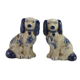 SYNWISH Hand Painted Blue and White Porcelain Dog Pair of Small Figurines Home Décor
