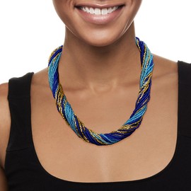 Ross-Simons Italian Blue and Golden Murano Glass Bead Torsade Necklace With 18kt Gold Over Sterling. 20 inches