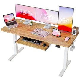 BANTI 55" x 24" Height Adjustable Electric Standing Desk with Keyboard Tray, Sit Stand up Desk with Splice Board, White Frame/Light Rustic Brown Top