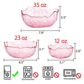 ZEAYEA Set of 3 Glass Salad Bowls, Pink Glass Serving Bowls for Kitchen Prep, Decorative Large Candy Bowls, Irregular Shape Space Saving Nesting Bowls for Salad, Fruit, Snack, Dessert