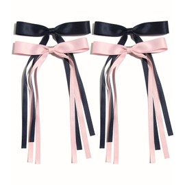 4pcs Hair Clips for Women Tassel Ribbon Bowknot Hair Clips with Long Tail, Women Hair Clip for Girl, Solid Hair Clips Long Hair Accessories Barrettes Claw Hair Clips with Bow (Navy Pink)