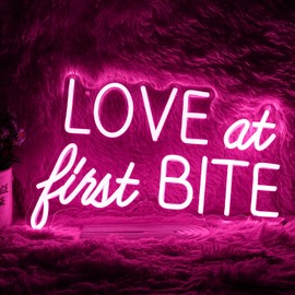 Love At First Bite Neon Sign Led Pink Words Neon Light Sign Wall Art Neon Light For Wedding Light Up Sign For bedroom Bar Pub Party 15.7"X10.2"）