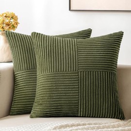 MIULEE Olive Green Corduroy Pillow Covers Pack of 2 Boho Decorative Spliced Throw Pillow Covers Soft Solid Couch Pillowcases Cross Patchwork Textured Cushion Covers for Living Room Bed Sofa 18x18 inch