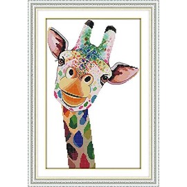 WOWDECOR Cross Stitch Embroidery Kits for Adults Kids, Colorful Giraffe Animals 11CT Stamped DIY DMC Needlework Easy Beginners