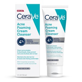 Limpiador en crema espumosa para acné CeraVe | Jabón facial para tratamiento del acné con peróxido de benzoilo al 4%, ácido hialurónico y niacinamida | Fórmula de crema a espuma | 5 onzas
