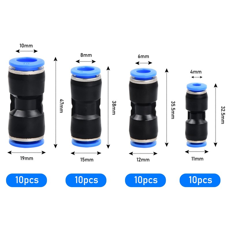Dokeno Pack of 40 Straight Pneumatic Connectors, Straight Push in