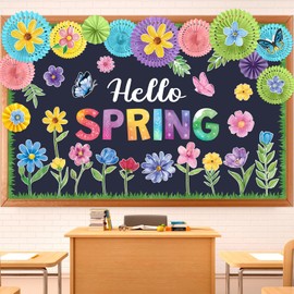 Fuutreo Spring Bulletin Board Set Hello Spring Flowers Cutouts Paper Fans Bulletin Board Border Classroom Decoration for School Office Home Teacher Wall Supply