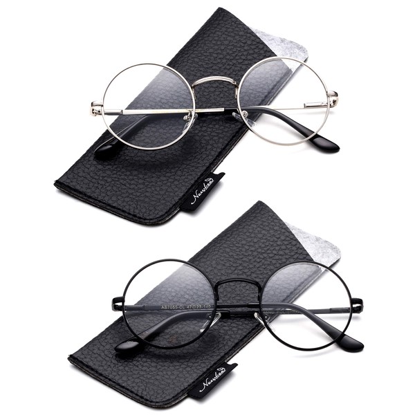 anteojos de lectura unisex de calidad con marco de acero inoxidable, redondas, de metal, 2 Pairs - Silver & Black, 1.75 X