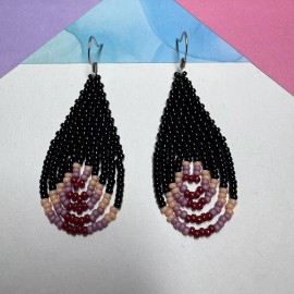 Handmade Black Brick Red Old Rose Pink Tear Drop Seed Bead Earrings 1.75” Drop Handmade