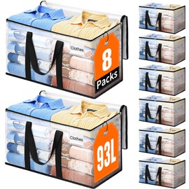 EpicTotes Extra Large Heavy Duty Moving Bags, Storage Bags with Strong Zippers & Handles, Packing Bags for Moving Essentials, Ideal Storage Tote for Home, Dorm & Storage Solutions, 93L, 8 Packs, Clear
