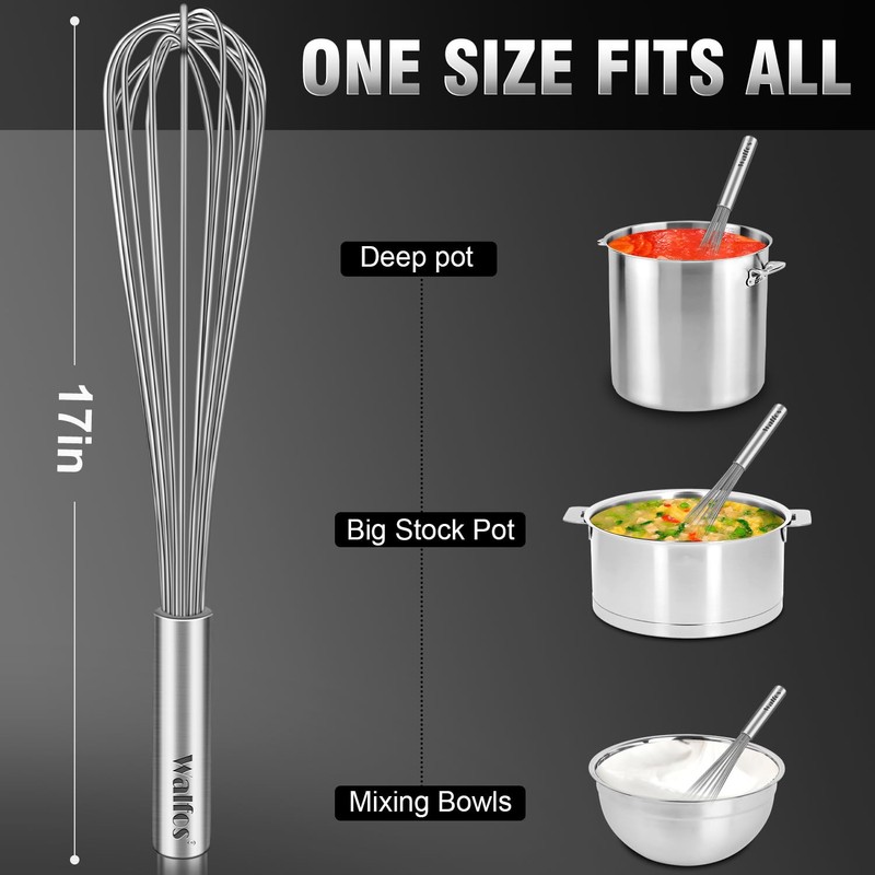 Walfos Whisk,17in Large Whisks, Heavy Duty Stainless Steel Wire Whisk