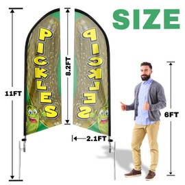 QSUM 11FT Pickles Themed Swooper Flag with Aluminum Alloy Flagpole and Stainless Steel Heavy Duty Ground Stak, Windless Pickles Flag Banner for Business Advertising Signs
