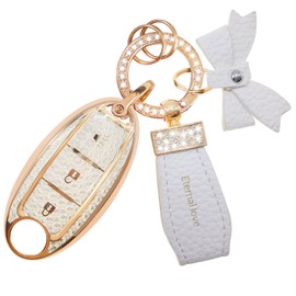 Simocky Key Fob Cover with Diamond Keychain for Nissan Car Key Shell Compatible with Nissan Altima Rogue Sentra Pathfinder Frontier Maxima Titan Murano Kicks Juke Versa (3 Buttons-Silver Bowknot)