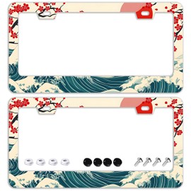 Waves Cherry Blossom License Plate Frames - 2 Pcs Set 2 Holes Stainless Steel Metal Auto Car Accessories Decoration License Plate Frame Cover Size 6.3" x 12.2" Fit US Vehicles for Women Men Gift
