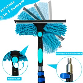 20 Ft+ Reach 2 In 1 Window Squeegee Duster with 5-to-12 Foot Extension Pole, Cleaner Tool with 3-Stage Telescoping Pole, Cleaning Kit with Rotatable Head - Chenille Cloth + Microfibre Cloths Head