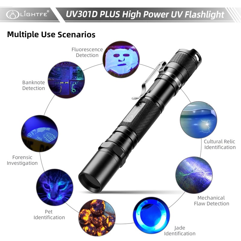 LIGHTFE Black Light 365nm UV Flashlight UV301D-Plus-1, high-Power UV LED,