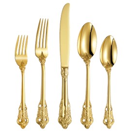 KEAWELL Luxury 20 Pieces 18/10 Stainless Steel Flatware set, Service for 4, silver plated with gold accents, Fine Silverware set and Dishwasher Safe (Gold)