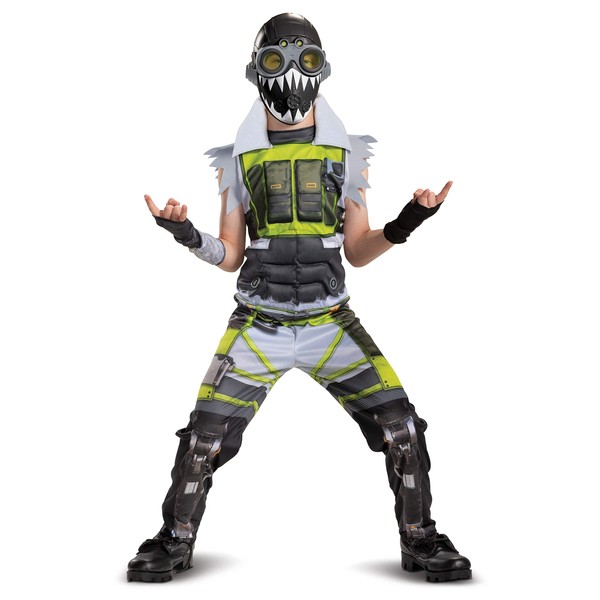 Apex Legends Octane Costume, Video Game Inspired Muscle Padded Jumpsuit and Mask, Child Size Medium (7-8),Green/Beige