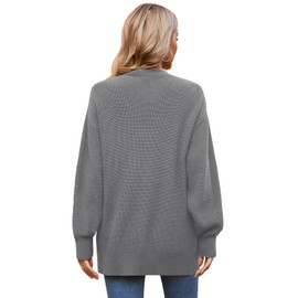 QUALFORT Women's 100% Cotton Cardigan Lantern Sleeve Cardigan Oversized Sweater with Pockets Grey Medium
