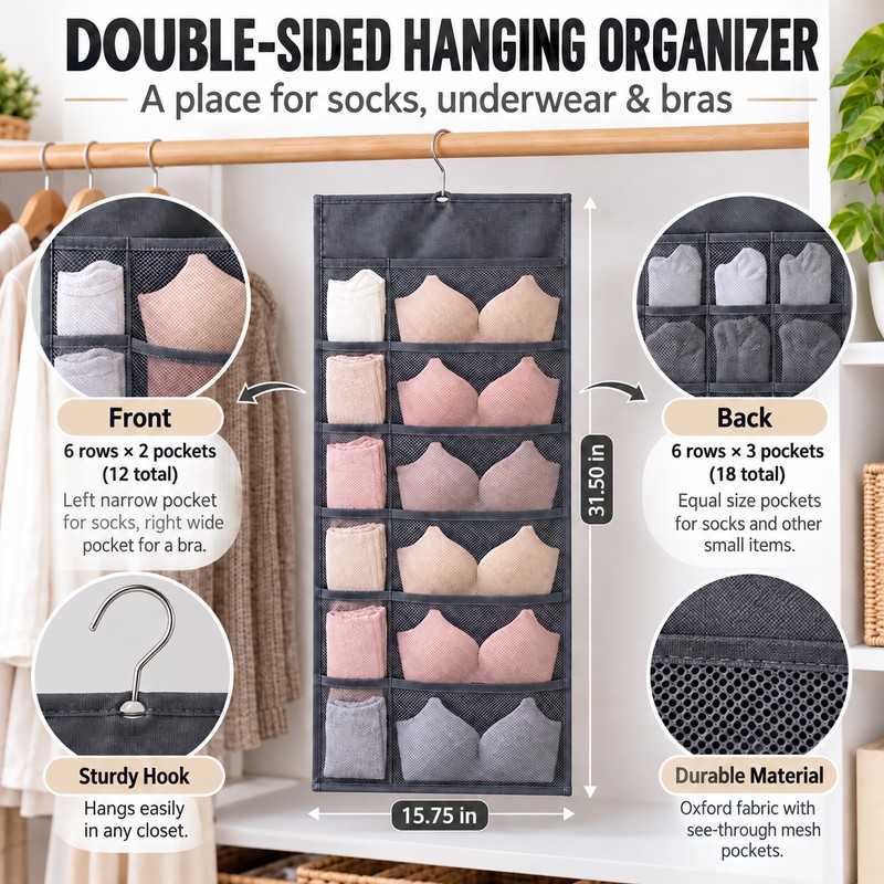 Double Sides Foldable Hanging Storage Bag For Underwear Underpants Socks