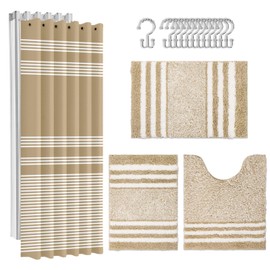 Britimes Beige Stripes Bathroom Sets with Shower Curtain and Rugs, Minimalist Modern Striped Waterproof Shower Curtain Liner and Soft Non Slip Bath Mat for Bathroom Decor and Accessories Hooks