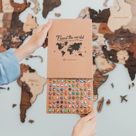 ENJOY THE WOOD 3D-Holz-Weltkarte, Wandkunst, große Holz-Wanddekoration, Einweihungsgeschenk, Geschenkidee, Holz-Wandkunst, Weltreisekarte für Zuhause, Küche oder Büro (Flags, Pins)