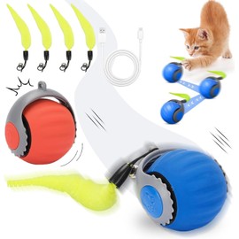 Katzenspielzeug, interaktives Katzenspielzeug, Katzenspielzeug im Inneren, mit flauschigem Schwanz, automatischer Rollball für Katzen und Hunde, USB-Ladegerät (rot + blau)